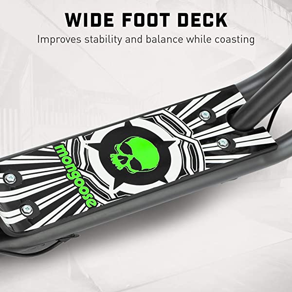 Mongoose Expo Youth Scooter, Front and Rear Caliper Brakes, Rear Axle Pegs, 12-Inch Inflatable Wheels, Non Electric Green/Grey