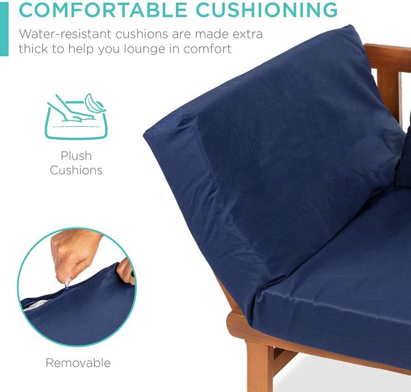 Best Choice Products Outdoor Convertible Acacia Wood Futon Sofa Furniture for Patio, Balcony, Poolside, Backyard w/Pullout Tray, Removable Weather-Resistant Cushion & 4 Pillows – Navy Blue