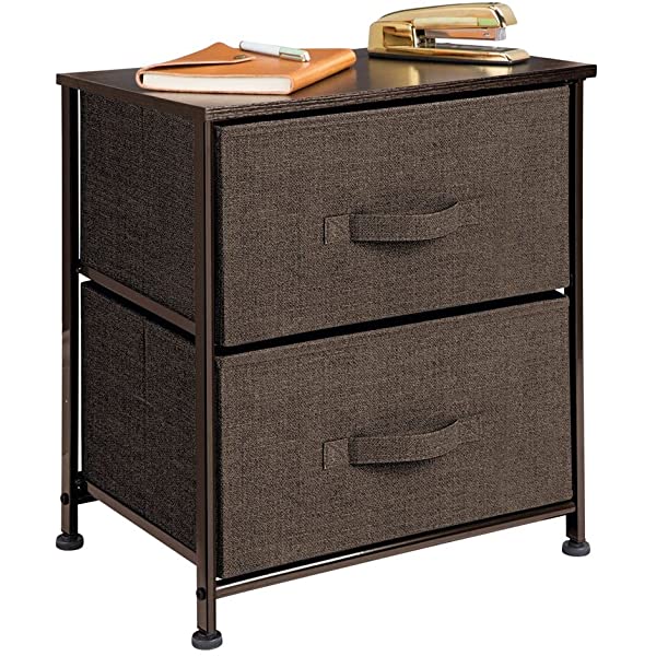 mDesign Storage Dresser End/Side Table Night Stand Furniture Unit - Small Standing Organizer for Bedroom, Office, Living Room, and Closet - 2 Drawer Removable Fabric Bins - Gray/White Grey