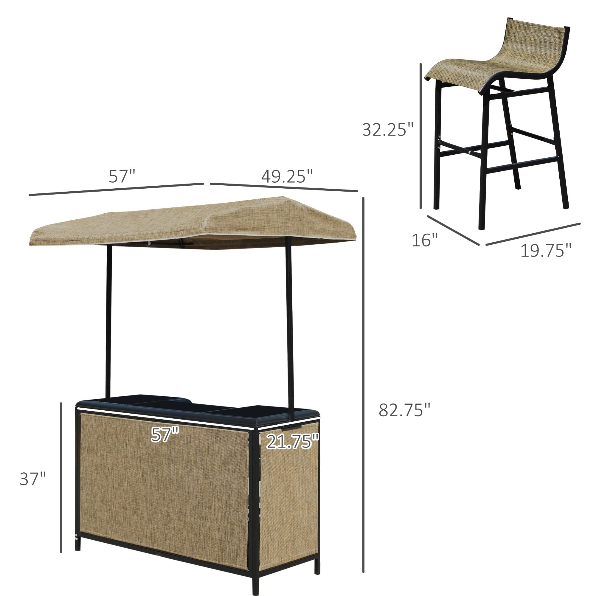 【Home&Garden】3 Pcs Outdoor Bar Set for 2 with Canopy, Rectangular Table with Storage Shelves & 2 Bar Chairs