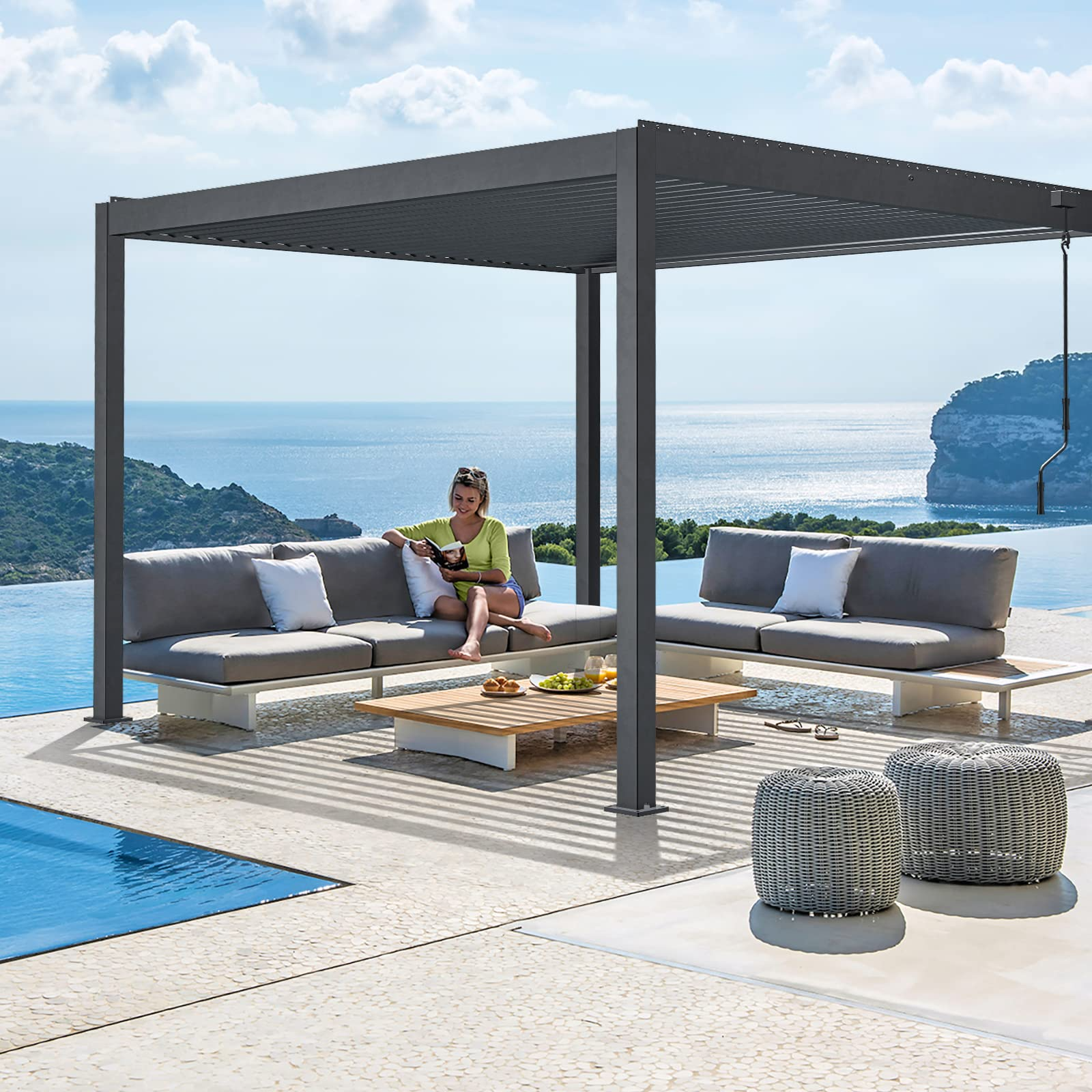 【Home&Garden】【BS】10'x10' NO Corrosion Louvered Pergola, High Strength Gazebo for Yard