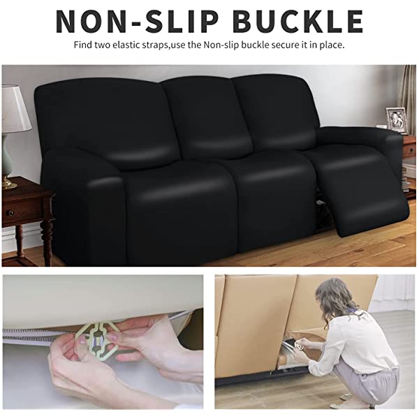 Easy-Going PU Leather Recliner Sofa Slipcovers, Waterproof Stretch Sofa Covers, 8 Pieces Stretch Furniture Protector, Elastic Strap Shield Pets Kids Children Cats Dogs Beige