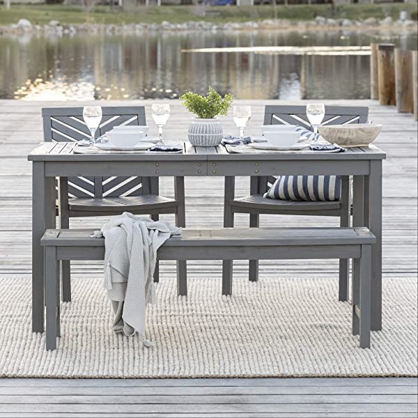 Walker Edison 5 Person Outdoor Wood Chevron Patio Furniture Dining Set Table Chairs Bench All Weather Backyard Conversation Garden Poolside Balcony, 4 Piece, Brown Brown 4 Piece Dining Set