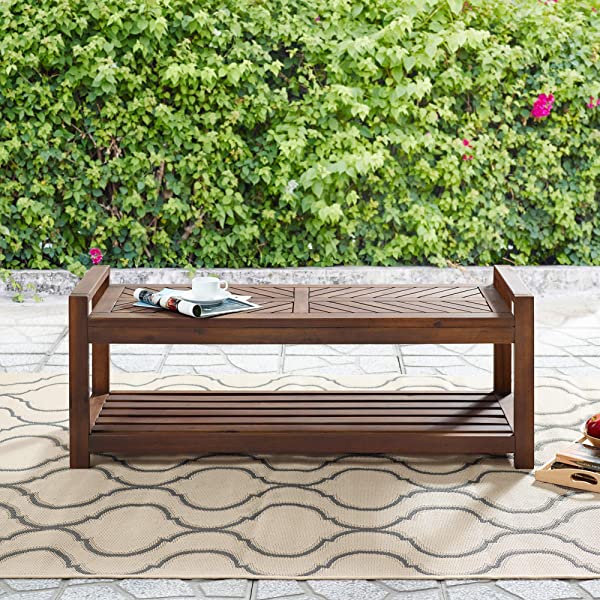 Walker Edison 5 Person Outdoor Wood Chevron Patio Furniture Dining Set Table Chairs Bench All Weather Backyard Conversation Garden Poolside Balcony, 4 Piece, Brown Brown 4 Piece Dining Set