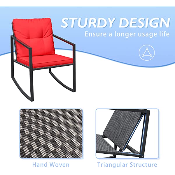 Greesum 3 Pieces Rocking Wicker Bistro Set, Patio Outdoor Furniture Conversation Sets with Porch Chairs and Glass Coffee Table, Beige