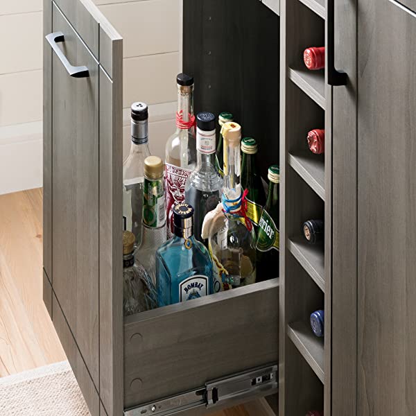 South Shore Bar Cabinet with Bottle and Glass Storage, Black Oak Black Oak Bar Cabinet
