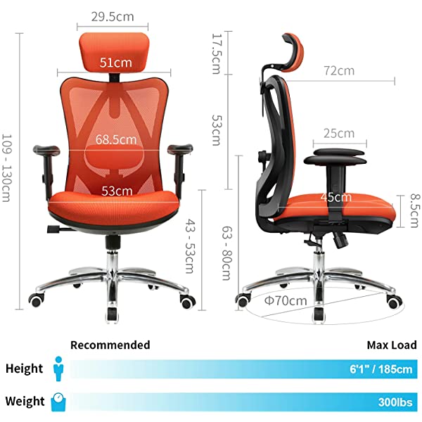 SIHOO Ergonomic Office Chair, Computer Desk Chair with Adjustable Lumbar Support, Comfortable Thick Cushion High Back Desk Chair with Adjustable Headrest and PU armrests(Orange)