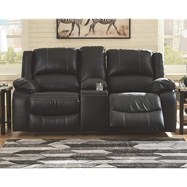 Signature Design by Ashley - Calderwell Contemporary Faux Leather Double Reclining Loveseat w/ Console - Adjustable - Gray Manual Loveseat Grey