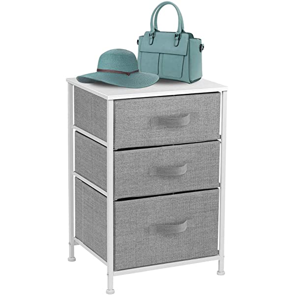 Sorbus Nightstand with 3 Drawers - Bedside Furniture & Accent End Table Chest for Home, Bedroom Accessories, Office, College Dorm, Steel Frame, Wood Top, Easy Pull Fabric Bins (Gray) Grey