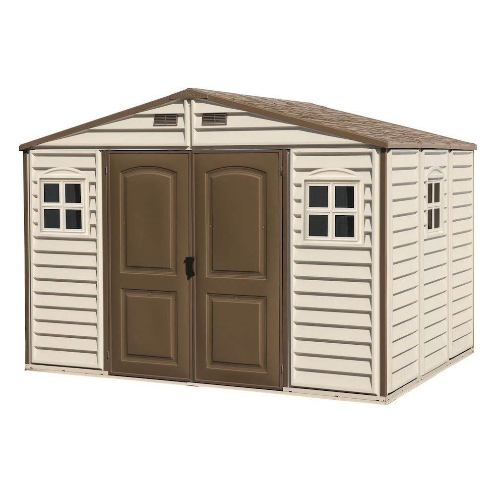 Duramax WoodSide 10 x 8 (8.02 m2) Plastic Garden Shed with 3 Fixed Windows & Metal Foundation Kit, Strong Metal Roof Structure Fire Retardant and Maintenance-Free Storage Shed
