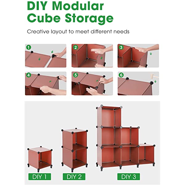 Puroma Cube Storage Organizer 6-Cube Closet Storage Shelves with Wooden Mallet DIY Closet Cabinet Bookshelf Plastic Square Organizer Shelving for Home, Office, Bedroom - Black Black Medium