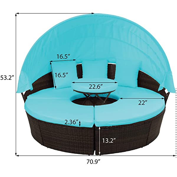 Merax All-Weather Outdoor Sectional Sofa Conversation Set Rattan Daybed Sunbed with Retractable Canopy, Separate Seating and Removable Blue Cushions Brown+blue
