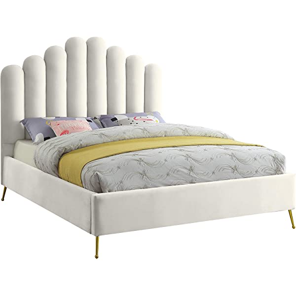 Meridian Furniture Lily Collection Modern | Contemporary Velvet Upholstered Bed with Deep Channel Tufting and Custom Gold Steel Legs, Queen, Cream Cream Queen