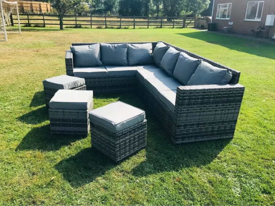 NEW Grey Rattan Corner Set & 3 Stools (inc. cushions)