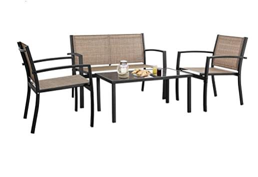 Devoko 4 Pieces Patio Furniture Set Outdoor Garden Patio Conversation Sets Poolside Lawn Chairs with Glass Coffee Table Porch Furniture (Grey)