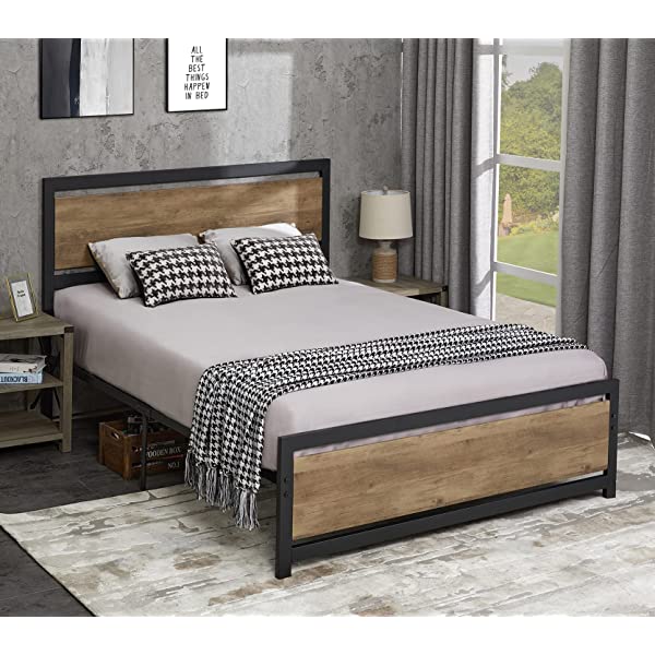 Amerlife Queen Size Bed Frame with Wood Headboard - Metal Platform Bed with Industrial Footboard - Heavy Duty Steel Mattress Foundation/ 4 U-Shaped Support Frames/Rustic Country Style/Easy Assembly Queen Dark Brown