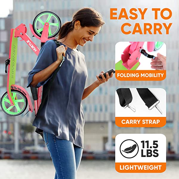 Hurtle Scooter – Scooter for Teenager – Kick Scooter – 2 Wheel Scooter with Adjustable T-Bar Handlebar – Folding Adult Kick Scooter with Alloy Anti-Slip Deck Pink