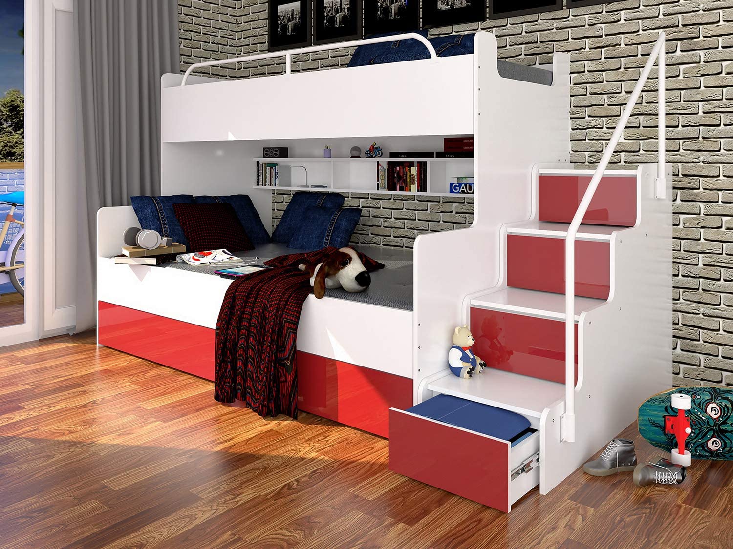 【Furniture】Bunk Bed for 2 Children Stairs Shelves Drawers Rail Modern High Gloss Inserts (White & Purple)