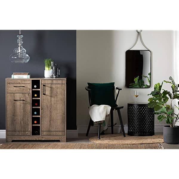 South Shore Bar Cabinet with Bottle and Glass Storage, Black Oak Black Oak Bar Cabinet
