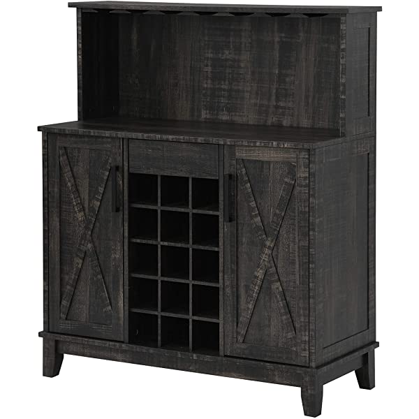 Bar Cabinet with Wine Rack and Glass Doors (Grey wash- Solid)