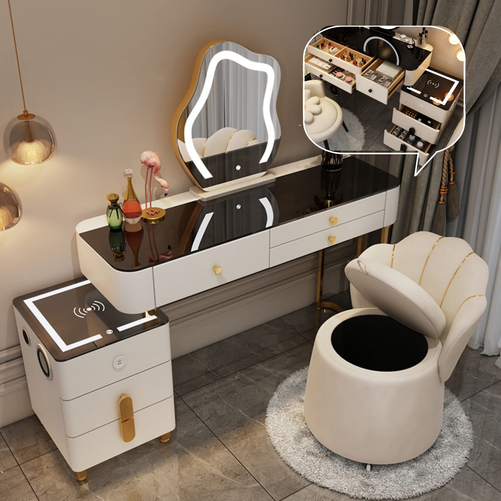 【Furniture】Vanity Set Makeup Vanity Desk with Charging Station and Bluetooth Speaker