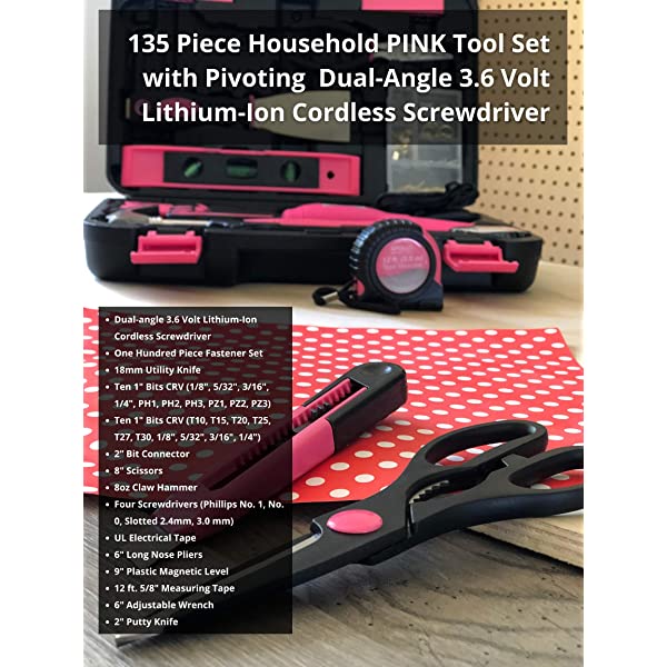 135 Piece Household Tool Kit Pink with Pivoting Dual-Angle 3.6 V Lithium-Ion Cordless Screwdriver - DT0773N1 135-Piece Tool Set Pink