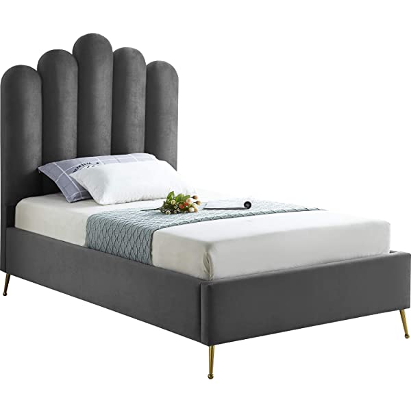 Meridian Furniture Lily Collection Modern | Contemporary Velvet Upholstered Bed with Deep Channel Tufting and Custom Gold Steel Legs, Queen, Cream Cream Queen