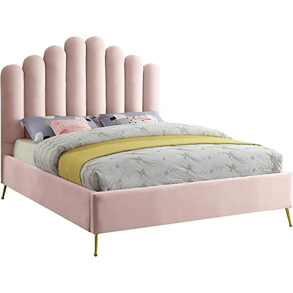Meridian Furniture Lily Collection Modern | Contemporary Velvet Upholstered Bed with Deep Channel Tufting and Custom Gold Steel Legs, Queen, Cream Cream Queen