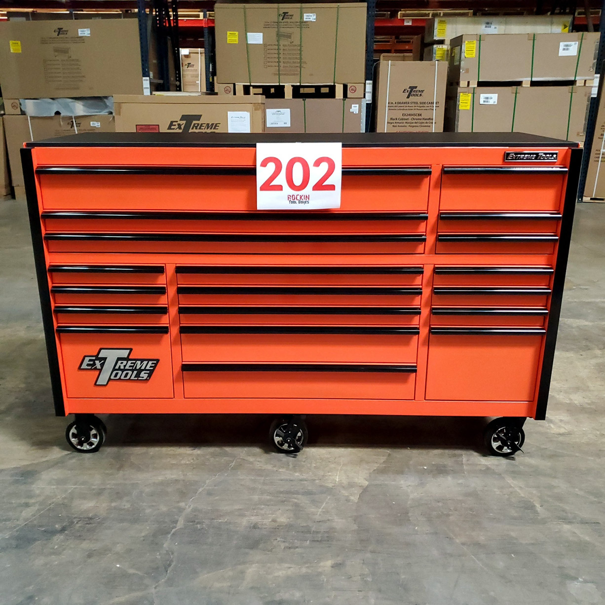 used toolboxScratch & Dent, Extreme Tools RX Series 72 19 Drawers 25 Deep Roller Cabinet, Orange, 150 lbs. Slides C Showroom Demo