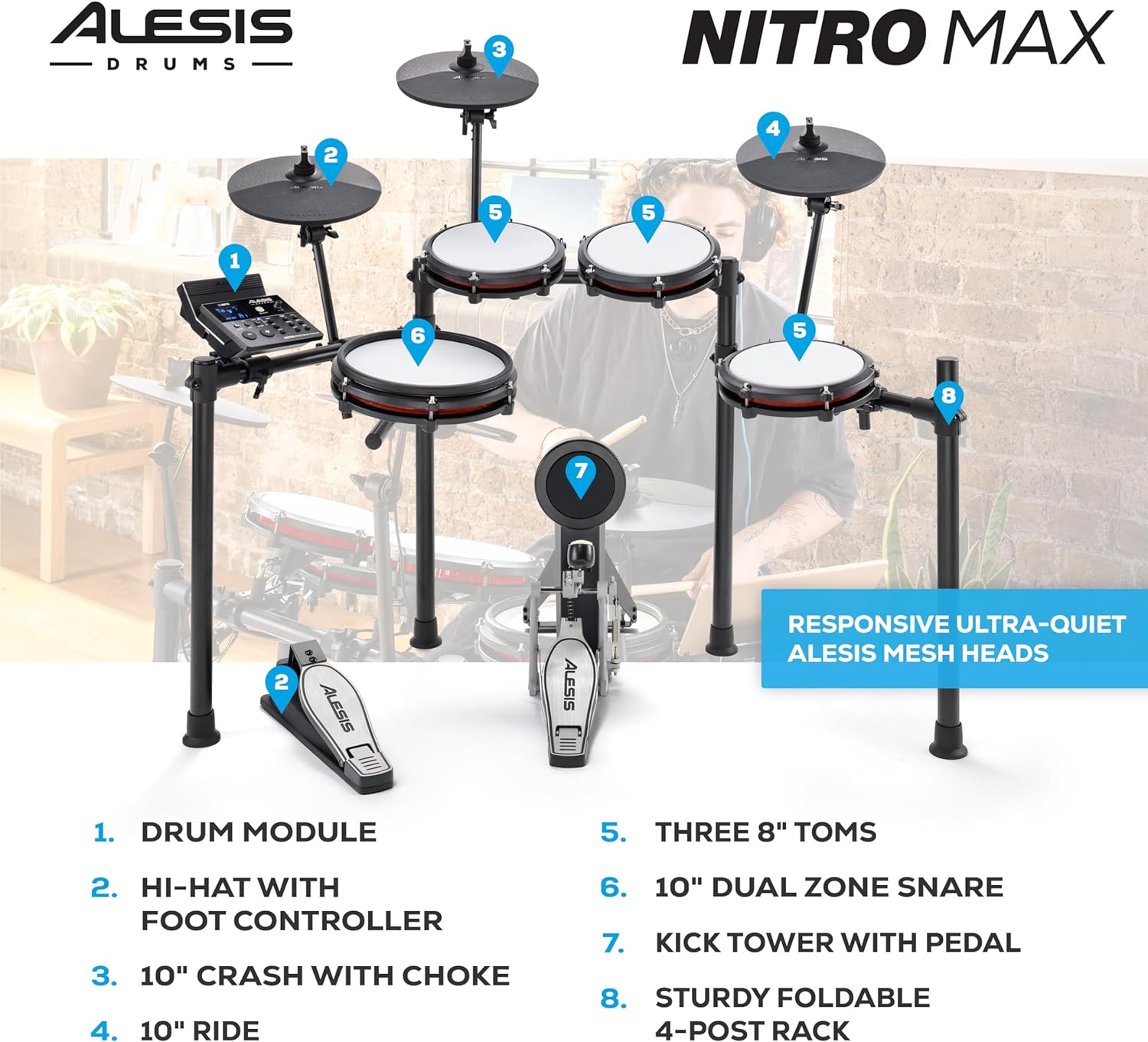 Alesis Nitro Max Kit Electric Drum Set with Quiet Mesh Pads, 10