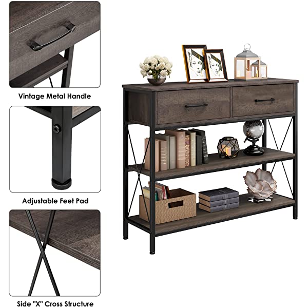 Console Table with Drawers, Rustic Hallway Table with Storage Shelves, Narrow Long Sofa Entryway Table for Living Room, Metal Frame, Dark Brown