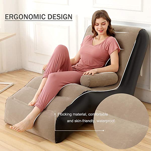 Inflatable Chaise Lounges Folding Lazy Floor Chair Sofa Lounger Bed with Armrests (Khaki)