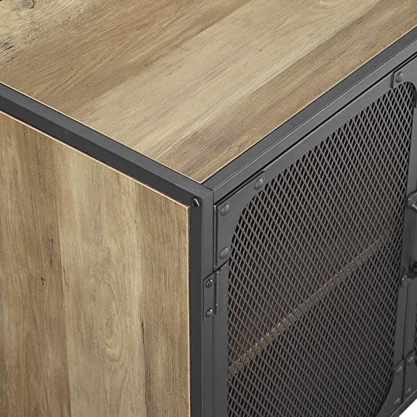 Walker Edison Malcomb Urban Industrial Metal Mesh Double Door Rolling Bar Cabinet, 33 Inch, Rustic Oak Rustic Oak 33 Inch