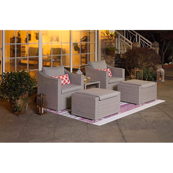 COSIEST 5-Piece Outdoor Furniture Lounge Set Warm Gray Wicker Sectional Sofa w Thick Cushions, Glass-Top Table, 2 Ottomans, 2 Teal Pattern Pillows for Garden, Pool, Backyard