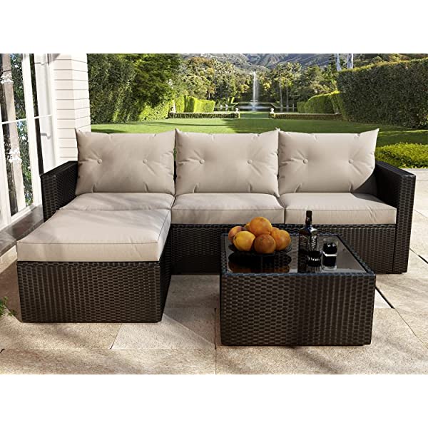 Allewie Dark Grey Patio Conversation Set, 3 Pieces PE Wicker Rattan Outdoor Furniture Set, Lounge Sofa and Loveseat with Cushions, Tempered Glass Coffee Table (Black & Dark Grey) Dark Grey & Black