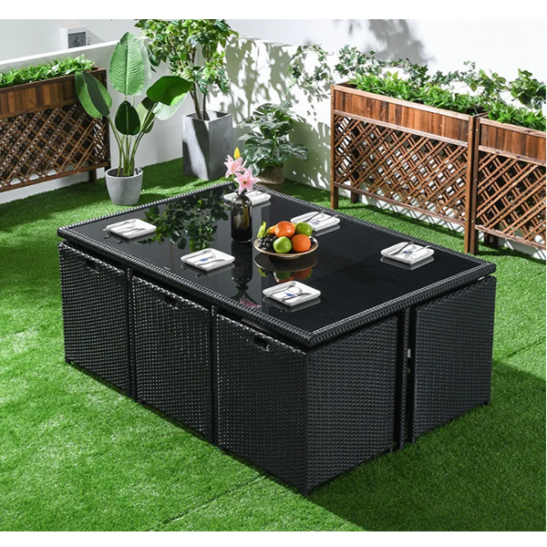 7-Piece Rattan Dining Set Outdoor Conversation Set with Glass-Top Rectangle Table and 6 Barrel Chair Cushion Included