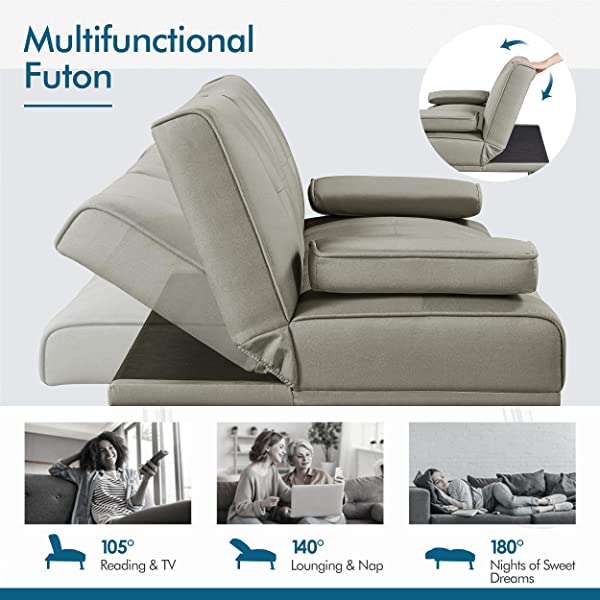 YAHEETECH Linen Fabric Modern Sofa Bed Sectional Couch Bed Folding Recliner Sleeper Reversible Loveseat Convertible Daybed, 2 Cup Holders, 3 Angles, 772lb Capacity, Removable Armrests, Dark Gray