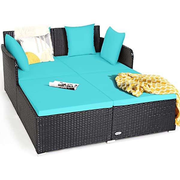 Salches Outdoor Rattan Daybed, Patio Loveseat Sofa Set w/Comfortable Cushions, Extra Pillows & Metal Foot, Sunbed Wicker Furniture for Yard/Poolside/Living Room/Garden/Porch (Red)