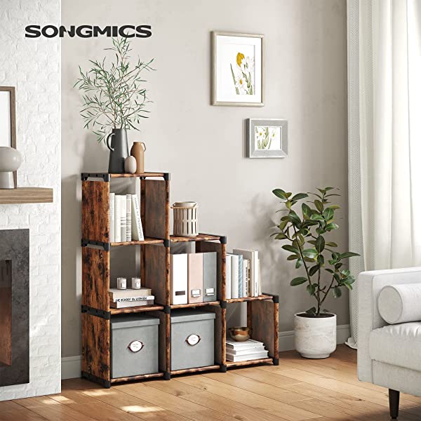 SONGMICS 6-Cube Storage Rack, Staircase Organizer, DIY Storage Shelf, Bookcase in Living Room, Children’s Room, Bedroom, for Toys and Daily Necessities, Rustic Brown ULSN063X12