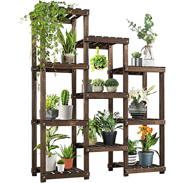 Yaheetech Plant Stand Indoor Outdoor 10 Platforms Multi Tier Flower Shelves Large Plant Display Book Holder Solid Wood Flower Rack for Office/Living Room/Corner Balcony/Patio