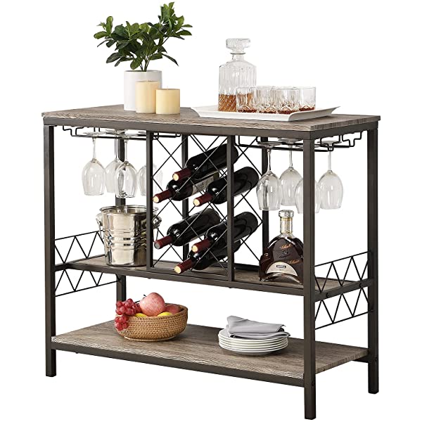 O&K FURNITURE Industrial Wine Rack Table with Glass Holder, Wine Bar Cabinet with Storage, Brown