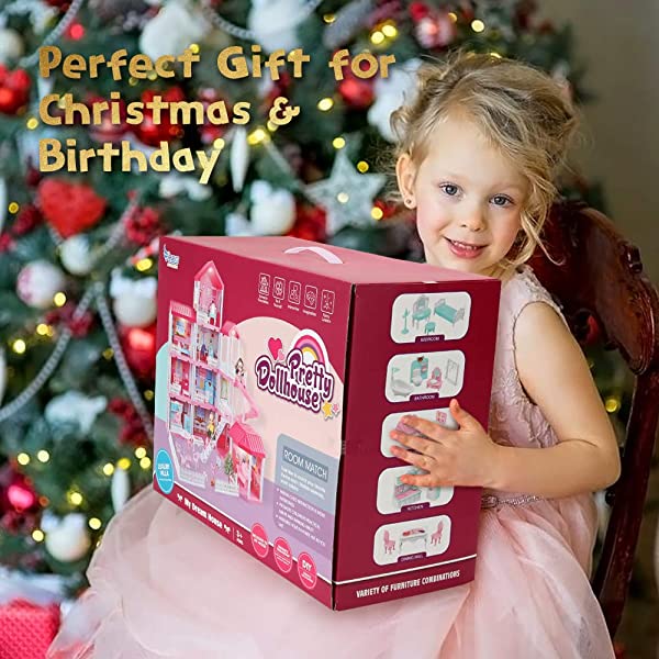 Doll House Kit,Dollhouse with Lights, Slide, Pets and Dolls, DIY Pretend Play Building Playset Toys with Asseccories and Furniture, Princess House for Toddlers, Kids Boy & Girl (11 Rooms)