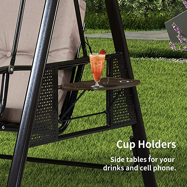 PURPLE LEAF 3-Seat Deluxe Outdoor Patio Porch Swing with Weather Resistant Steel Frame, Adjustable Tilt Canopy, Cushions and Pillow Included, Beige 74.4