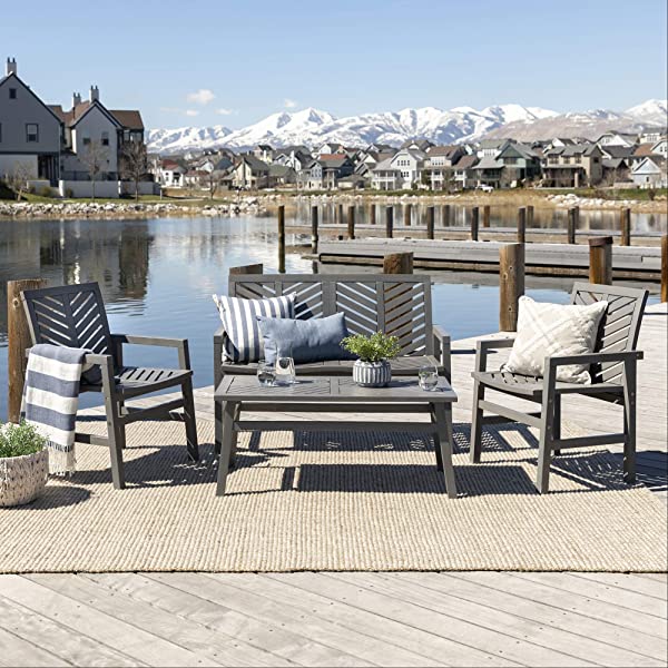 Walker Edison 5 Person Outdoor Wood Chevron Patio Furniture Dining Set Table Chairs Bench All Weather Backyard Conversation Garden Poolside Balcony, 4 Piece, Brown Brown 4 Piece Dining Set