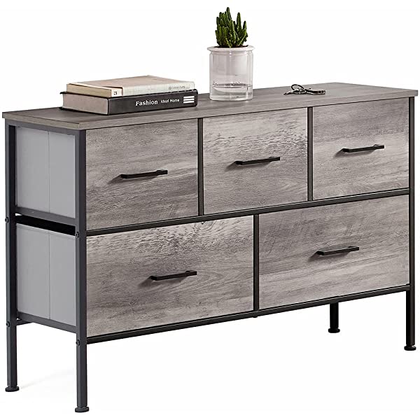 5 Drawer Dresser Long Wide Chest of Drawers Nightstand with Wood Top Rustic Storage Tower Storage Dresser Closet for Living Room, Bedroom, Hallway, Nursery, Kid Weathered Grey