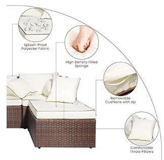 AWQM 5 Pieces Patio Furniture Sets All Weather Outdoor Sectional Sofa Manual Weaving Wicker Rattan Patio Conversation Set with Cushion and Glass Table, Brown