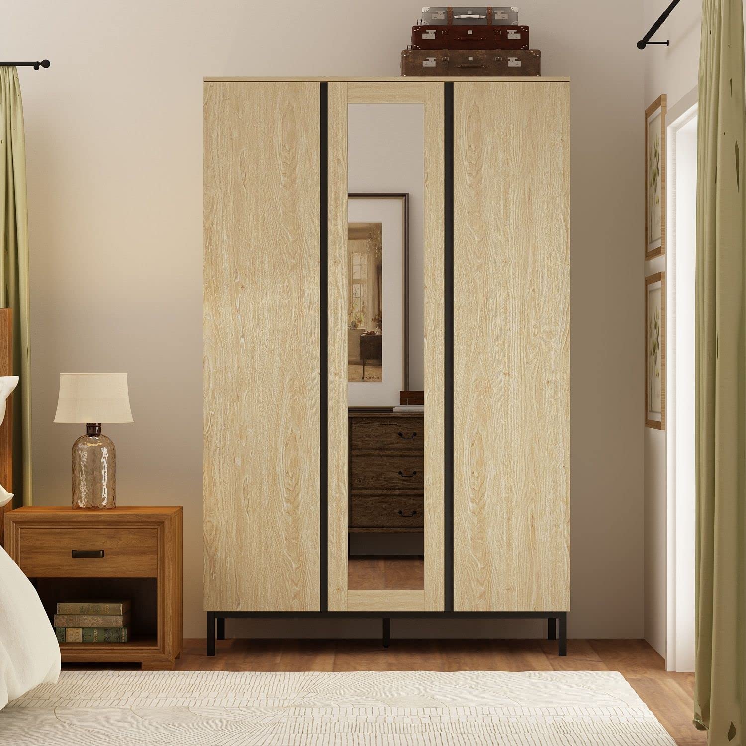 【Furniture】Armoires and Wardrobes with Mirror & 3 Doors, Armoire Wardrobe Closet with Storage Shelves