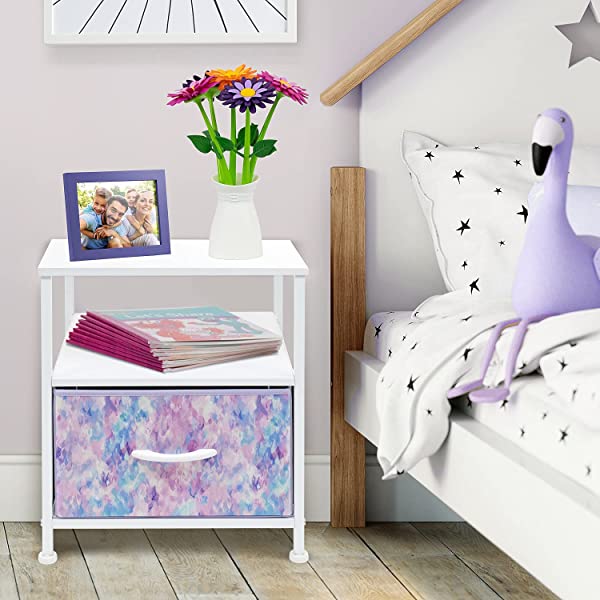 Sorbus Nightstand 1-Drawer Shelf Storage- Bedside Furniture & Accent End Table Chest for Home, Bedroom, Office, College Dorm, Steel Frame, Wood Top, Easy Pull Fabric Bins (Rustic Wood)