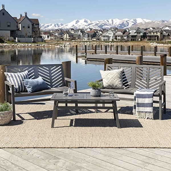 Walker Edison 5 Person Outdoor Wood Chevron Patio Furniture Dining Set Table Chairs Bench All Weather Backyard Conversation Garden Poolside Balcony, 4 Piece, Brown Brown 4 Piece Dining Set