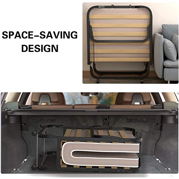 Giantex Rollaway Folding Bed with 4 Inch Mattress, Portable Foldable Guest Bed for Adults, Sturdy Metal Frame, Memory Foam Mattress, Folding Bed Cot Size (Beige & Black) Wood